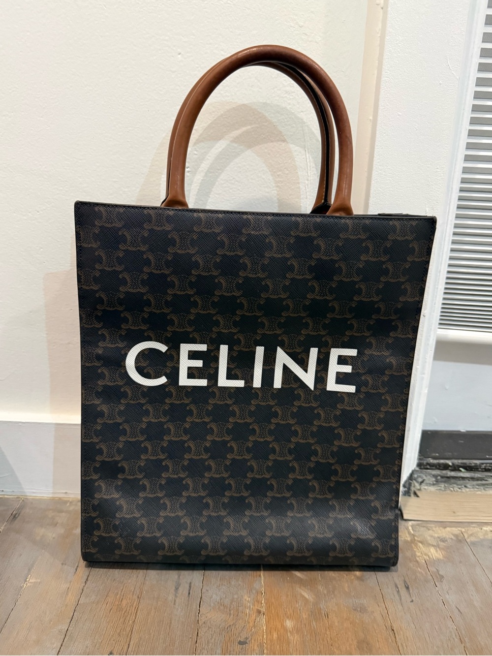 Celine Black Logo Canvas Tote with Brown Leather Handles